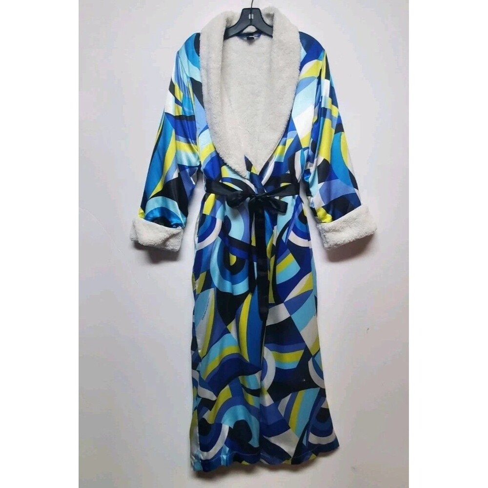 Victoria Secret Satin Fleece Lined Robe Womens M Rainbow Geometric Pockets VTG